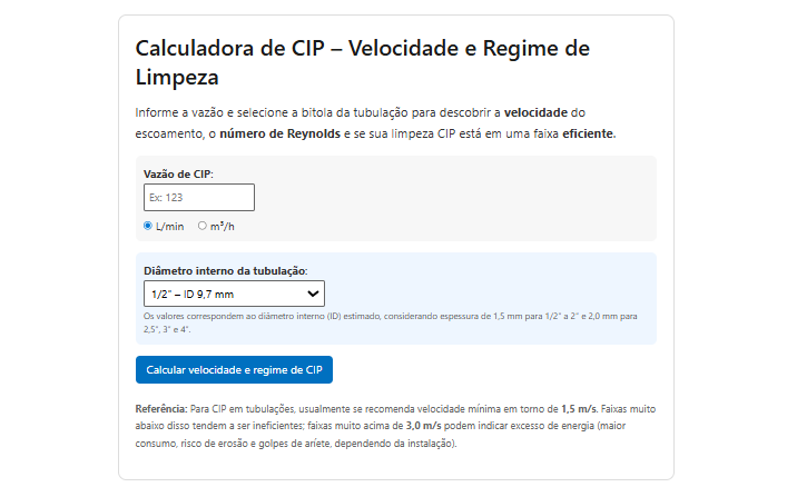 Calculadora de CIP – Velocidade e Regime de Limpeza