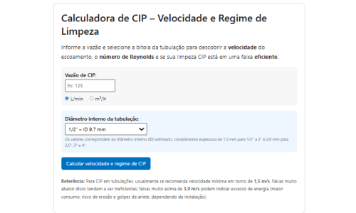 Calculadora de CIP - Velocidade e Regime de Limpeza